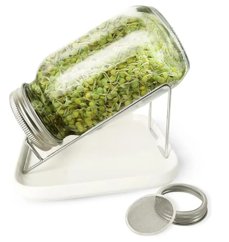 Mason Sprouting Jar Lid With Tray Set White Ceramic Plate And Metal Stand For Filtering Glass Seed Storage