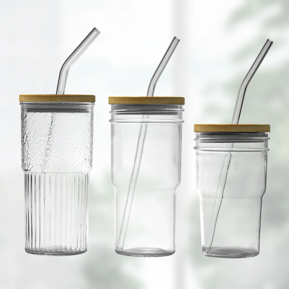16oz Custom wide mouth Logo Beer Juice Tea Can Frosted Glasses Cups Tumbler With Bamboo Lid Glass Straw