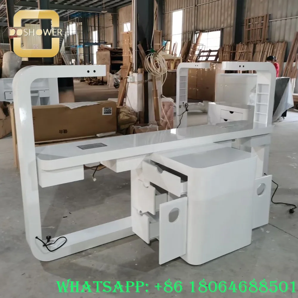 LED nails table salon manicure furniture of manicure table and chair set with side drawers for white glass top manicure table