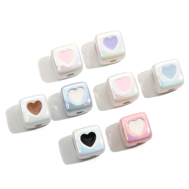 Factory Wholesale 12mm Cute Square Acrylic Colorful Heart Beads Loose UV Cube Beaded For DIY Jewelry Bracelet Phone Chain Making