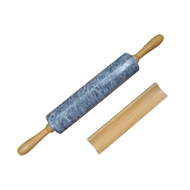 Polished Natural Marble Rolling Pin with Wooden Cradle