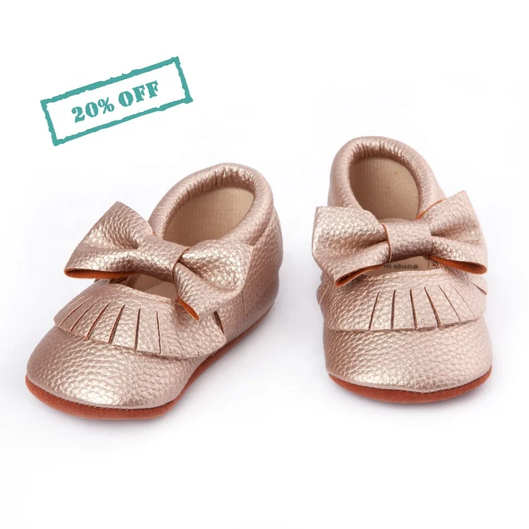 
Shiny Rose Gold Leather Soft Sole Fringe Bow Baby Girls Dress Shoes Baby Moccasins 
