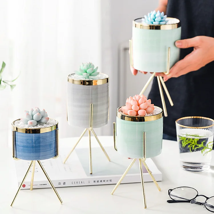 Northern Europe home decoration gold rim ceramic flower pot with iron stand