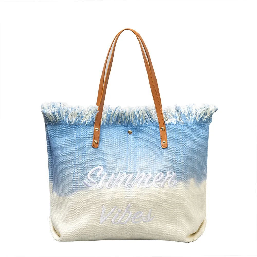 Fashion Dyeing Gradient Color Large Capacity Travel Ladies Beach Bag  Summer Embroidery Fringe Canvas Tote Shoulder Bag