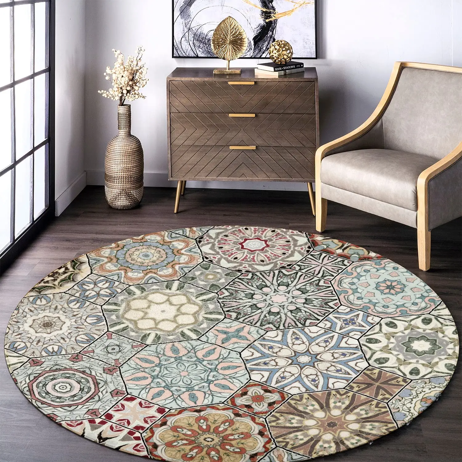 Traditional Printed Collection Round Mat Custom Art Carpet Oriental Faux Wool Circular Rugs for Home Decoration