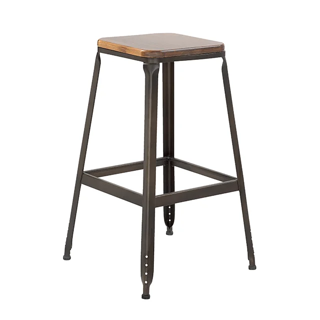 American Leisure Milk Tea Coffee Shop Retro Bar Stool Stackable Metal Iron Sheet Bar Stool with Wood Top