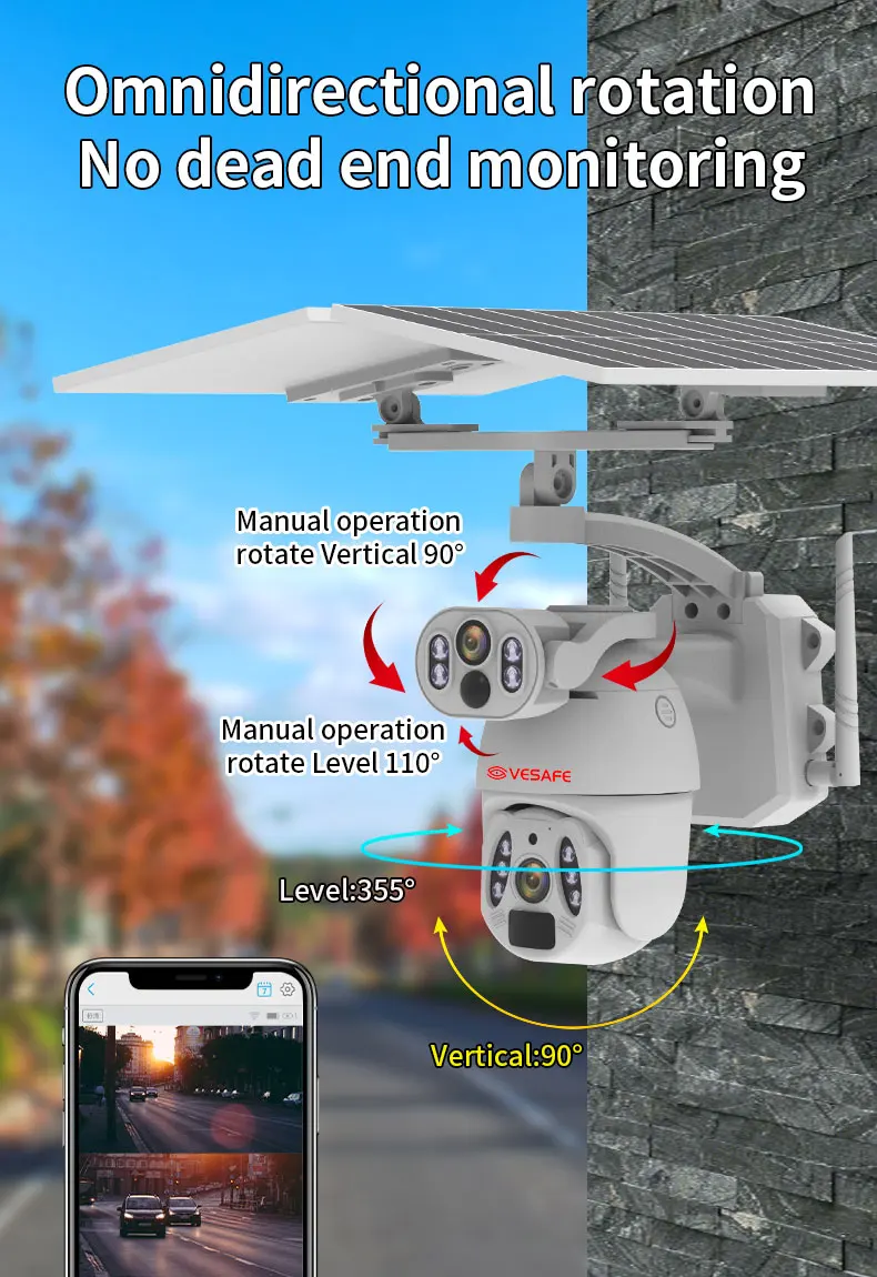 VESAFE 12W Solar Panel Home 6MP 4G Solar Security Camera Wifi PTZ Cctv Motion Tracking Dual Lens Wireless Outdoor H.265 CMOS