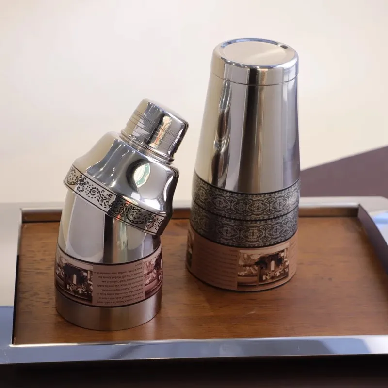 Retro Pattern 500 700 550ml Silver Color 18/10 Stainless Steel 304# Boston Cocktail Shaker