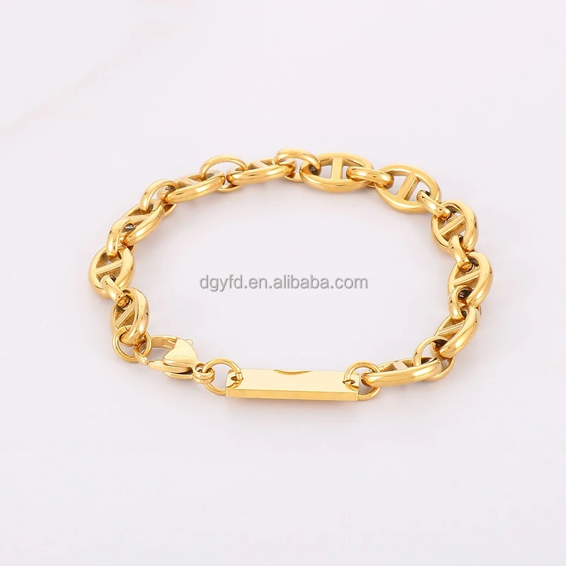 Mens Branded Logo Engraved Custom Bracelet Chunky 18K Gold Waterproof Jewelry Stainless Steel Anchor Link Chain Bracelet