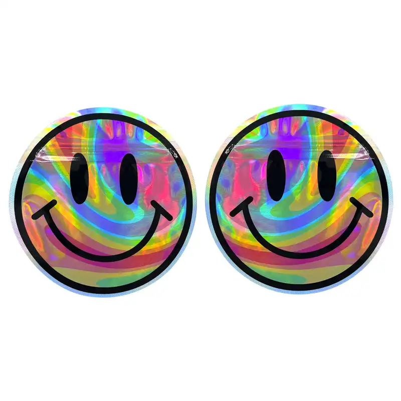 100 PCS/lot Holographic packaging bag smile plastic round circle shape mylar bag for candy
