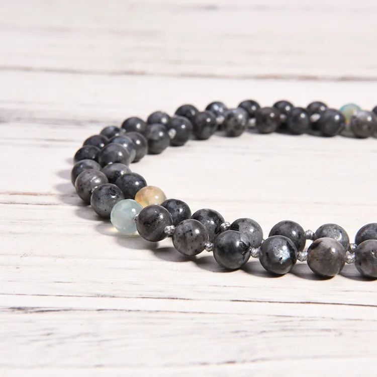 108 Mala Beads Necklace 8Mm Agate Labradorite Meditation Necklace Bohemian Hand Knotted Tassel Necklace