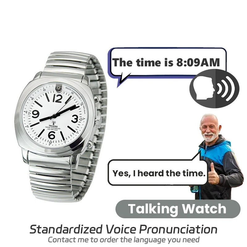 Square Business Real Human Voice Atomic Talking Watch with Clear and Loud Alarm watch for Visually Impaired and blind people