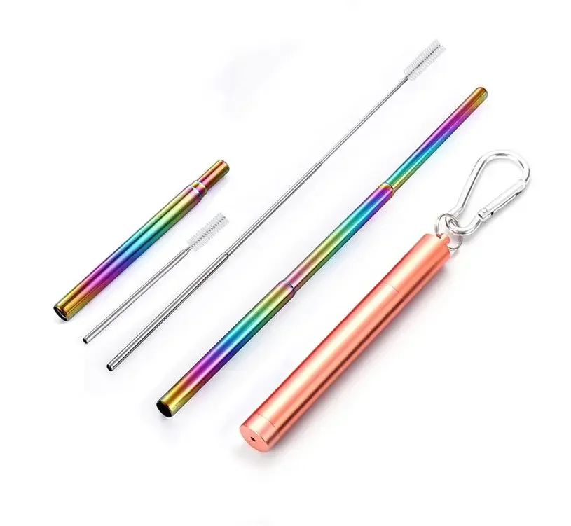 Collapsible Eco-Friendly 304 Stainless Steel Silicone Reusable Straws Telescopic Design with Case for Wine Beer Straight Pattern