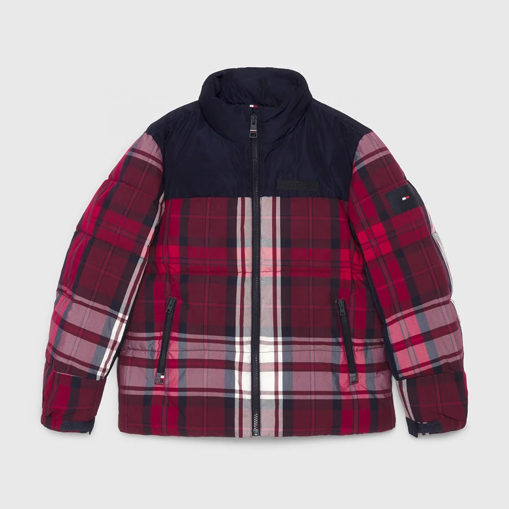 Wholesale kids girls warm light Puffer Jacket with removable hood gaoteng Customized children red plaid jacket in winter