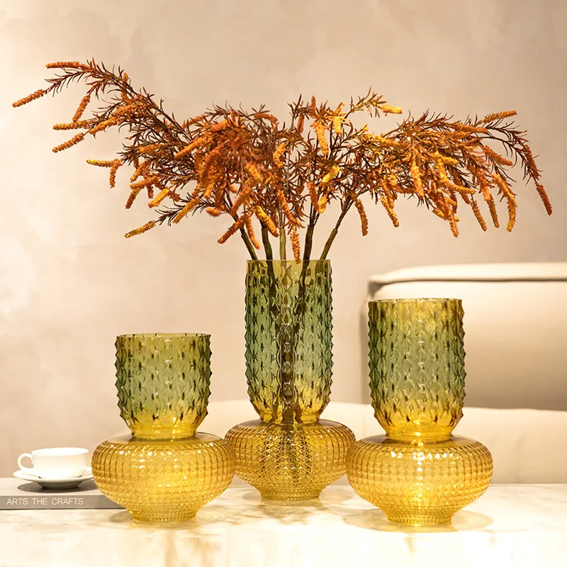 New artificial living room decorative glassware double color handmade blown glass gradient relief amber glass vase