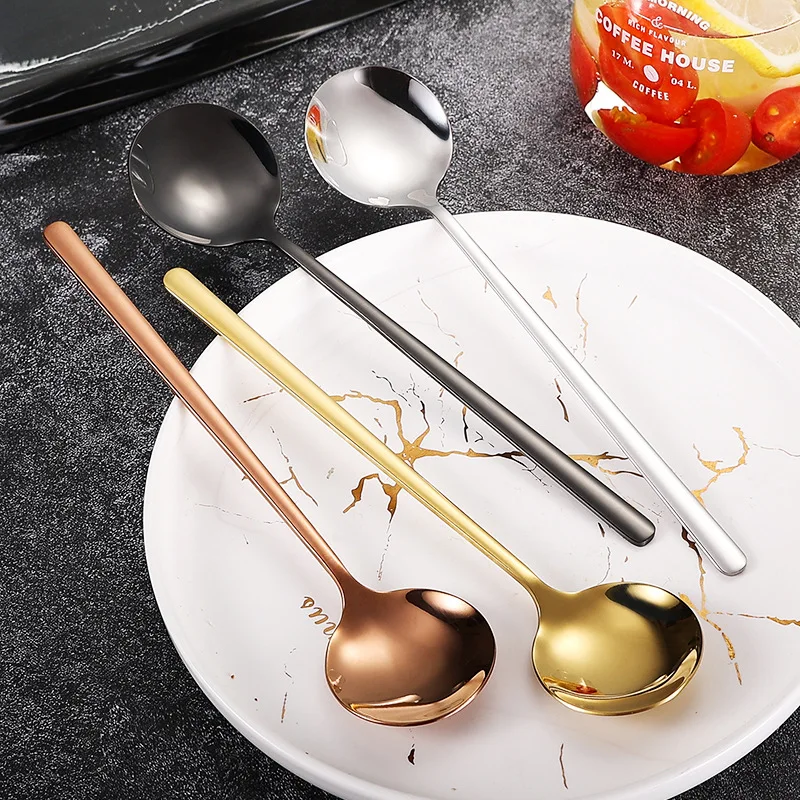 Coffee Spoon Stainless Steel Round Head Long Handle Ice Cream Stirring Dessert Honey Mixing Spoon Kitchen Tableware Decoration