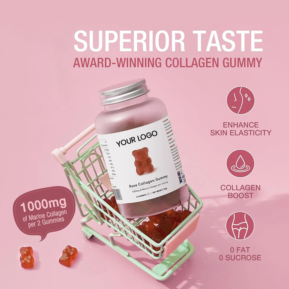 Rose Flavor Marine Hydrolyzed Collagen Gummies Private Label Factory Wholesale Skin Care Antioxidant Health Supplement Natural