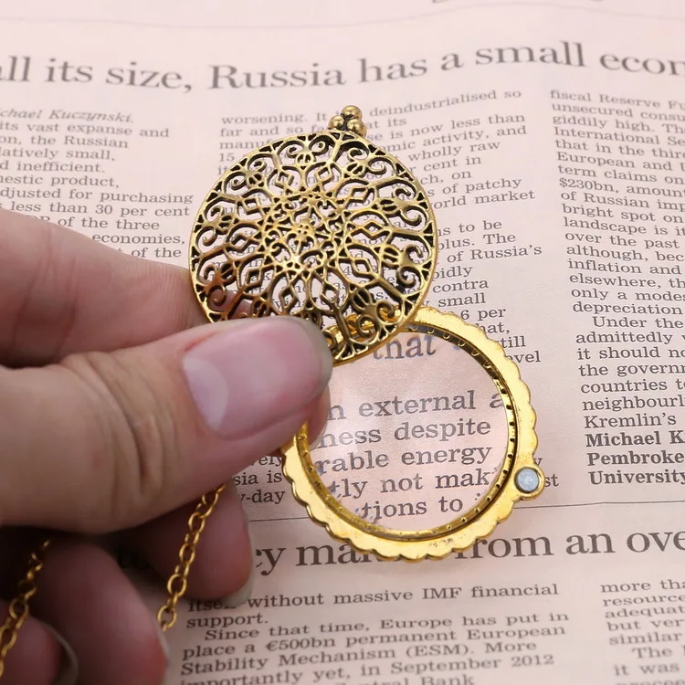 Hollowing Magnifying Glass Necklace Ornate Filigree Silding Top Magnet Drop Pendant Retro Sweater Jewelry