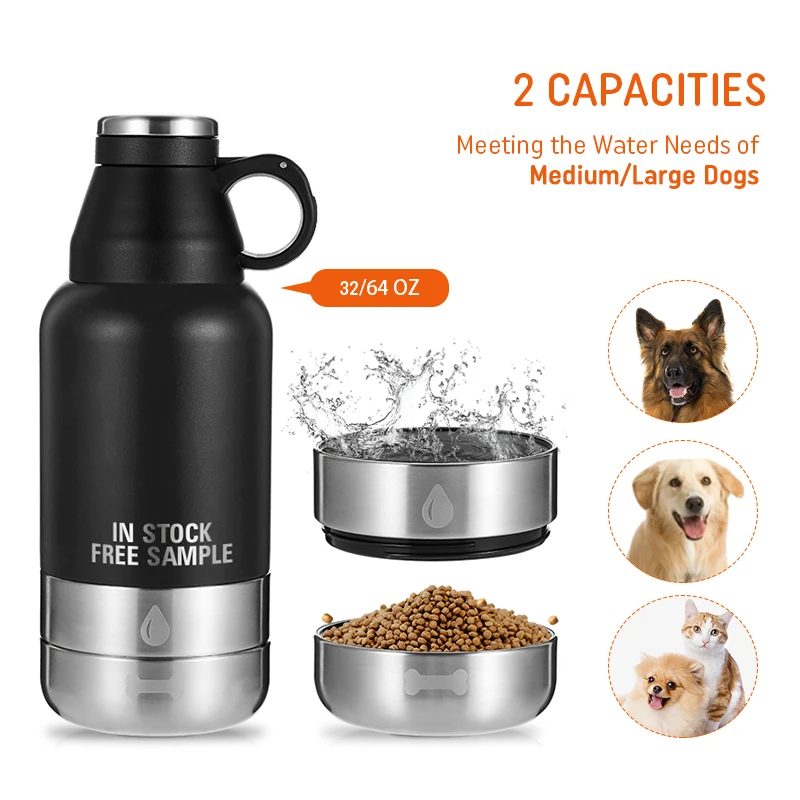 Insulated Dog Water Bottle 3 in 1 32oz 64oz Custom Double Wall Stainless Steel Portable Dog Water Bottle Pet Feeder Bowl