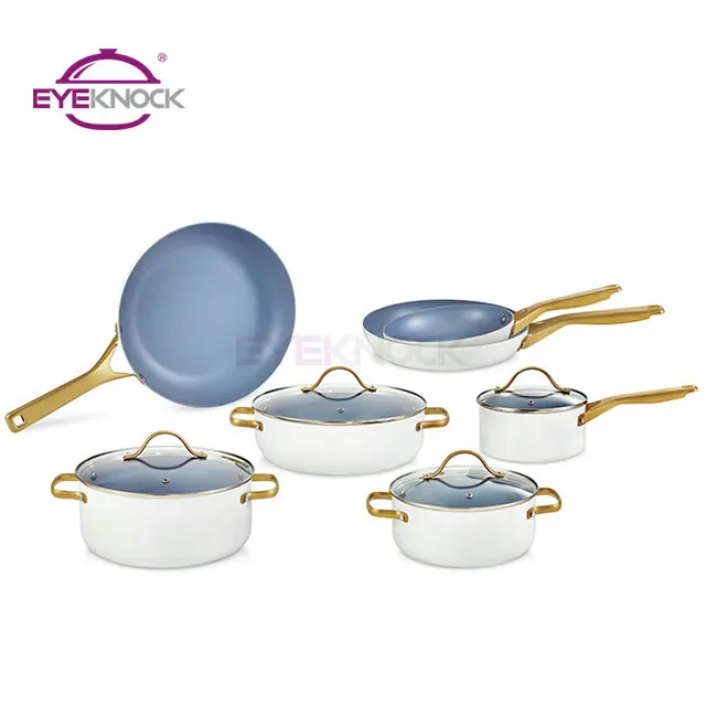New design pressed aluminum black, blue, green, beige and pink color coating gold PVD handle induction non stick cookware set
