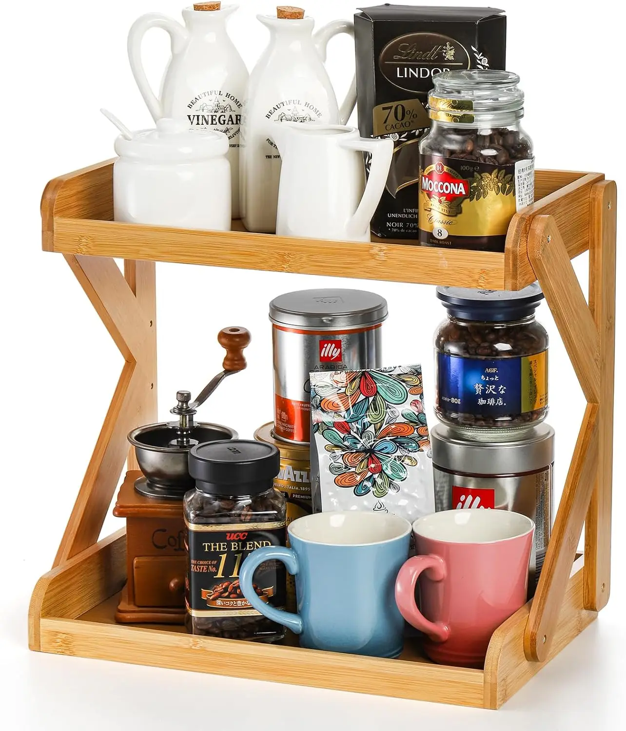 Wholesale 2 Tier Kitchen Counter Coffee Bar Accessories Shelf Organizer, Bamboo Tea Station Spice Storage Rack for Home