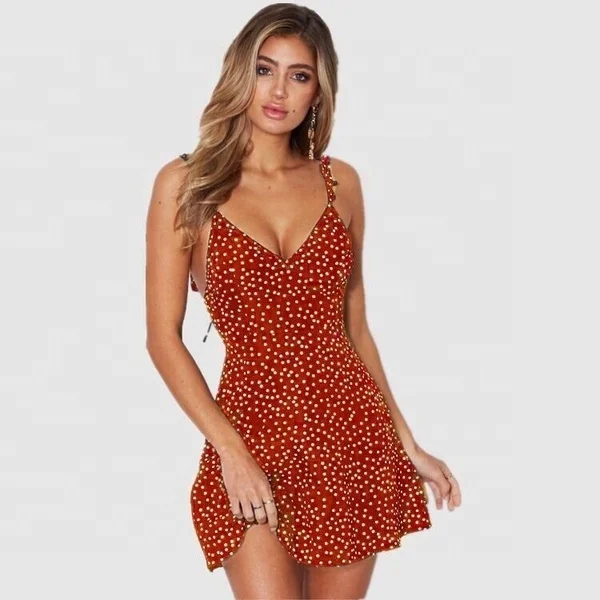 Summer V Neck Mini Dress Printed Polka Dot Floral Ladies Dress Casual Chiffon Sleeveless Summer Dress