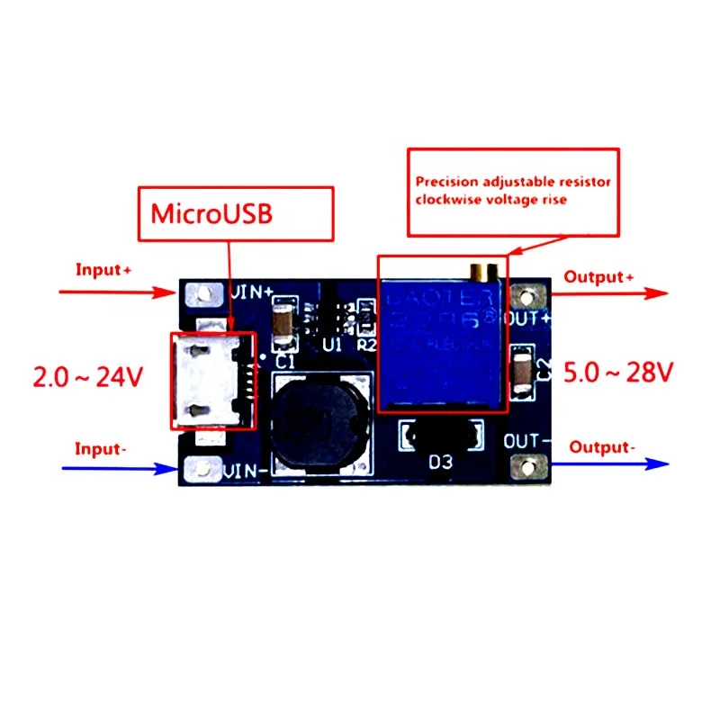 2A Booster Board DC-DC Step-up Module Wide Input Voltage 2/24V Boost to 5/9/12/28V, Adjustable 2577