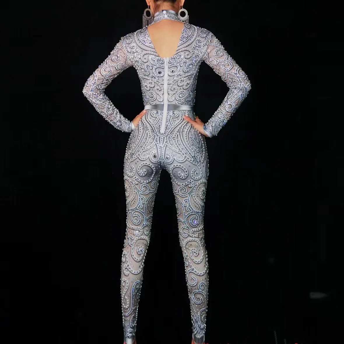 Women Sexy Rhinestone Floral Bodycon Long sleeve Clubwear Ladies Long Sleeve Slim Dance Evening Party Show Jumpsuit Romper