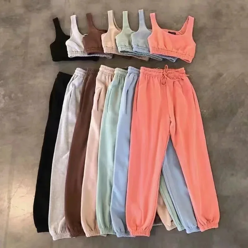 
 INS hot selling cotton fabric crop vest top with side seam pocket sweatpant women 2 two pieces joggers sets clothing  