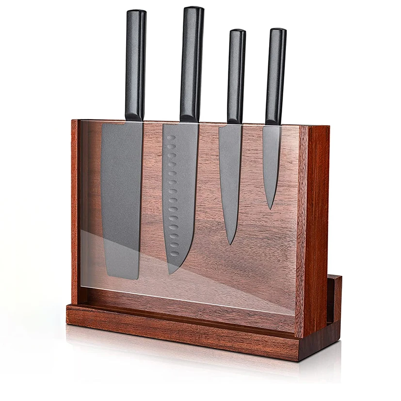 Magnetic Knife Block, Knives Holder Wooden Rack with Double Sided Magnetic and Transparent Acrylic Shield