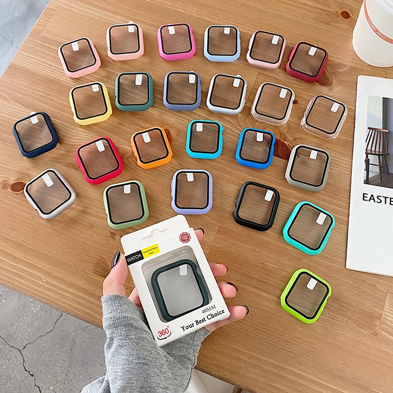 For Apple Watch 38 40 41 42 44 45 mm Liquid PC Case With Tempered Glass Protection For iwatch 7 Screen Film Watch Accessories