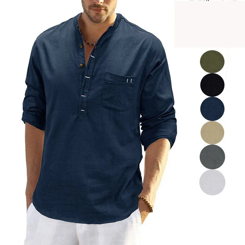 Wholesale Custom Logo US Size Henry Solid Summer Paste Bag Casual Turkey Designer Button Up Long Sleeve Cotton Linen Mens Shirt