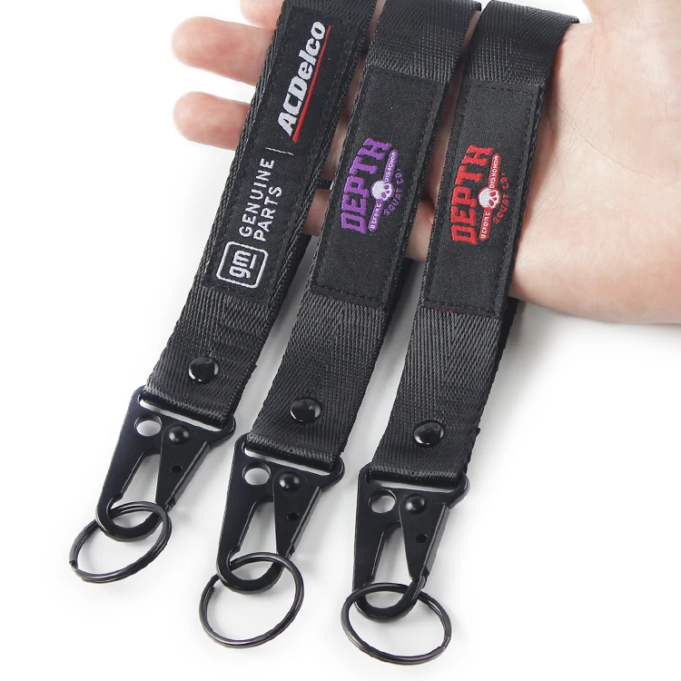 High Quality Fashion Polyester Logo Custom Two Sided Woven Wrist Lanyard Keychain For Keys Short Lanyards