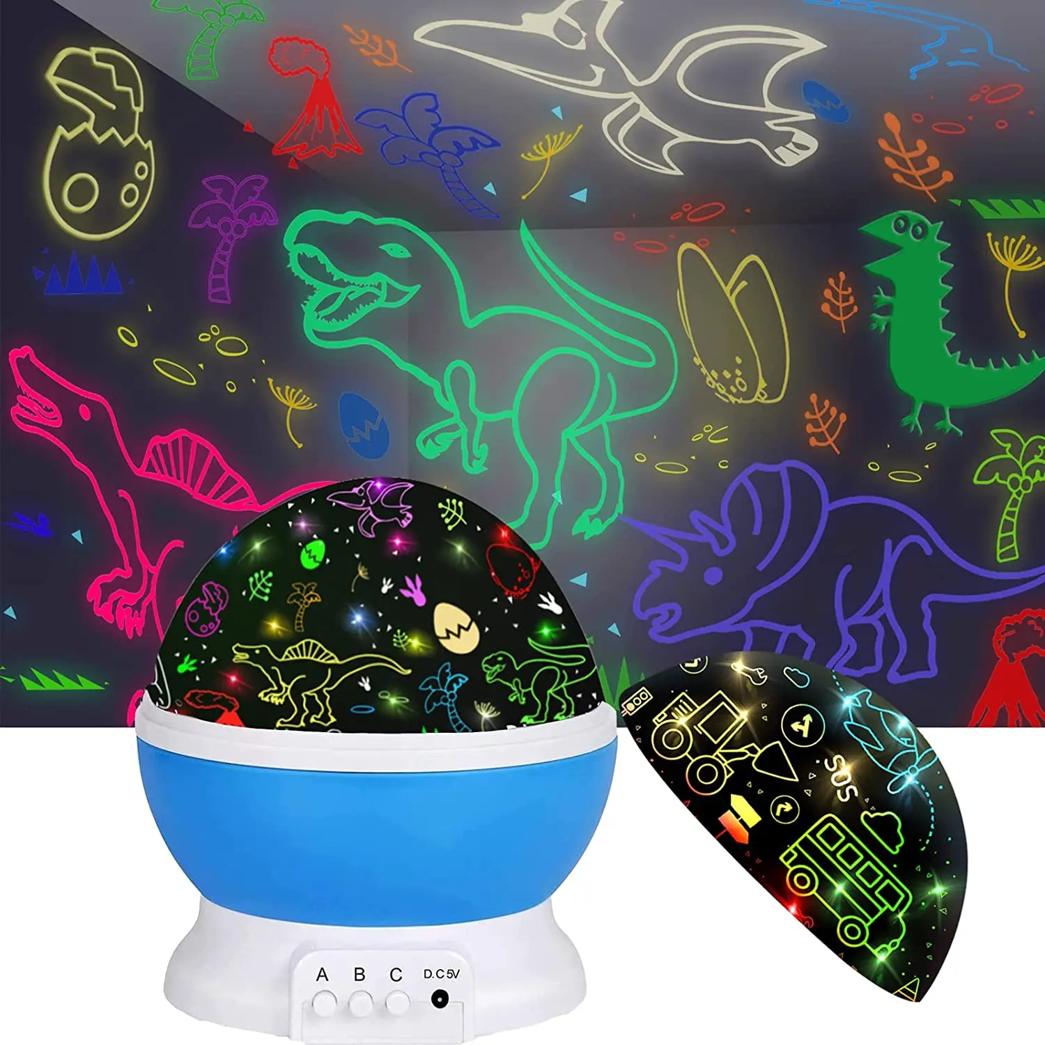 360 Degree Rotation Kids Night Light Dinosaur and Cars Projector, 4 LED Bulbs 9 Light Color Changing with USB Cable