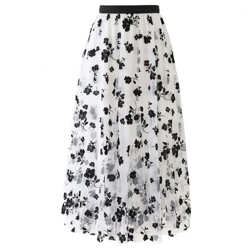 Elegant Casual Mesh Sexy Summer Maxi Sweet Latest Design Silky Winter Flowers Long Women High Waist A Line Elastic Tulle Skirt
