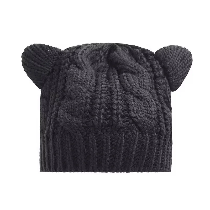 Cat Ear Beanie Hats Cute Cat Knitted Hat Winter Knit Cable Hat for Women Girls