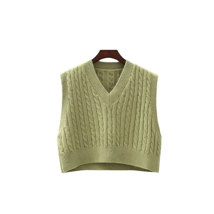 VIgour High quality vintage v neck cable knitted high waist short sweater vest women