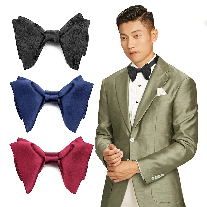 Adjustable Special Design Large Size Butterfly Satin Black Pre-tied Bow Tie