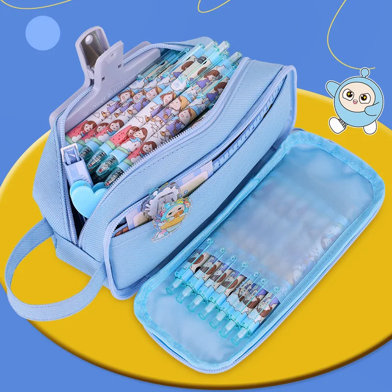 New Cartoon Cute Cocoa Egg Double Layer Transparent Pencil Case Large Capacity Stain Resistant Pencil Stationery Box