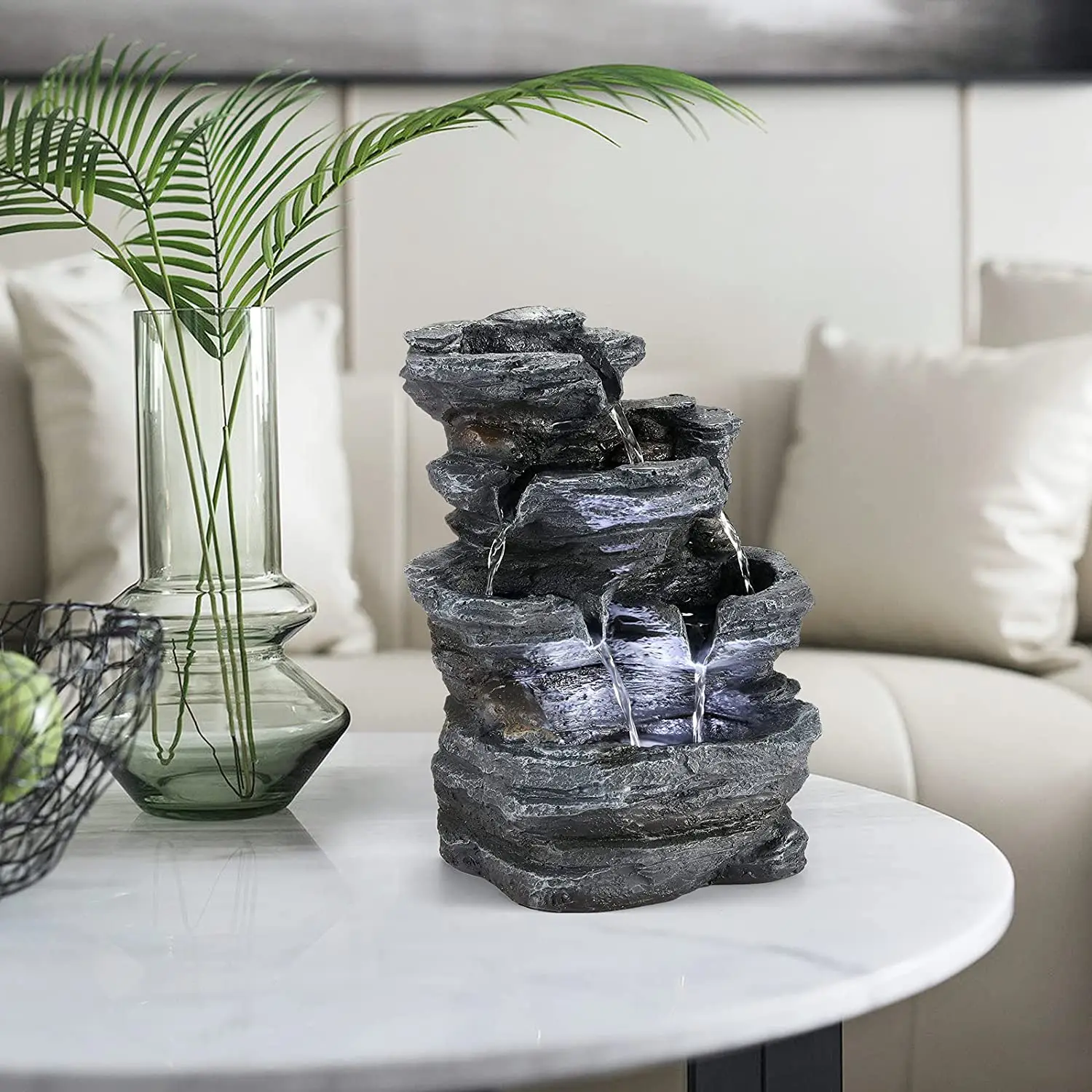 Home Office Decor Resin Water Fountain Indoor Stacked Rocks Waterfall Tabletop Water Fountain With Led Light