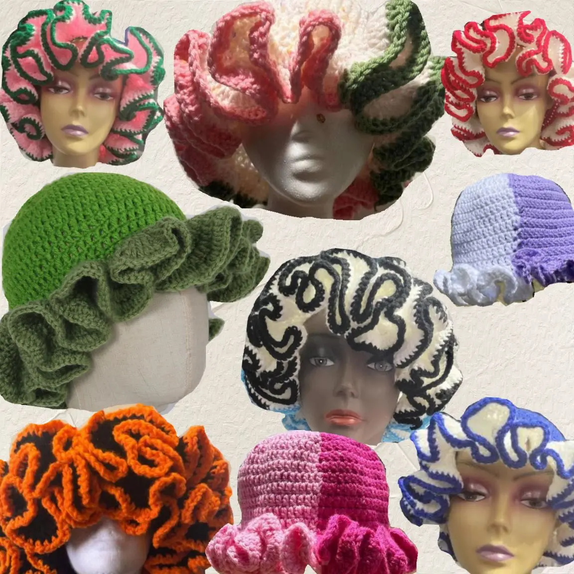 HZM-24141 Custom Logo Hand Knitted Ruffle Wavy Brim Bucket Beach Sun Handmade Crochet Beanie Hats