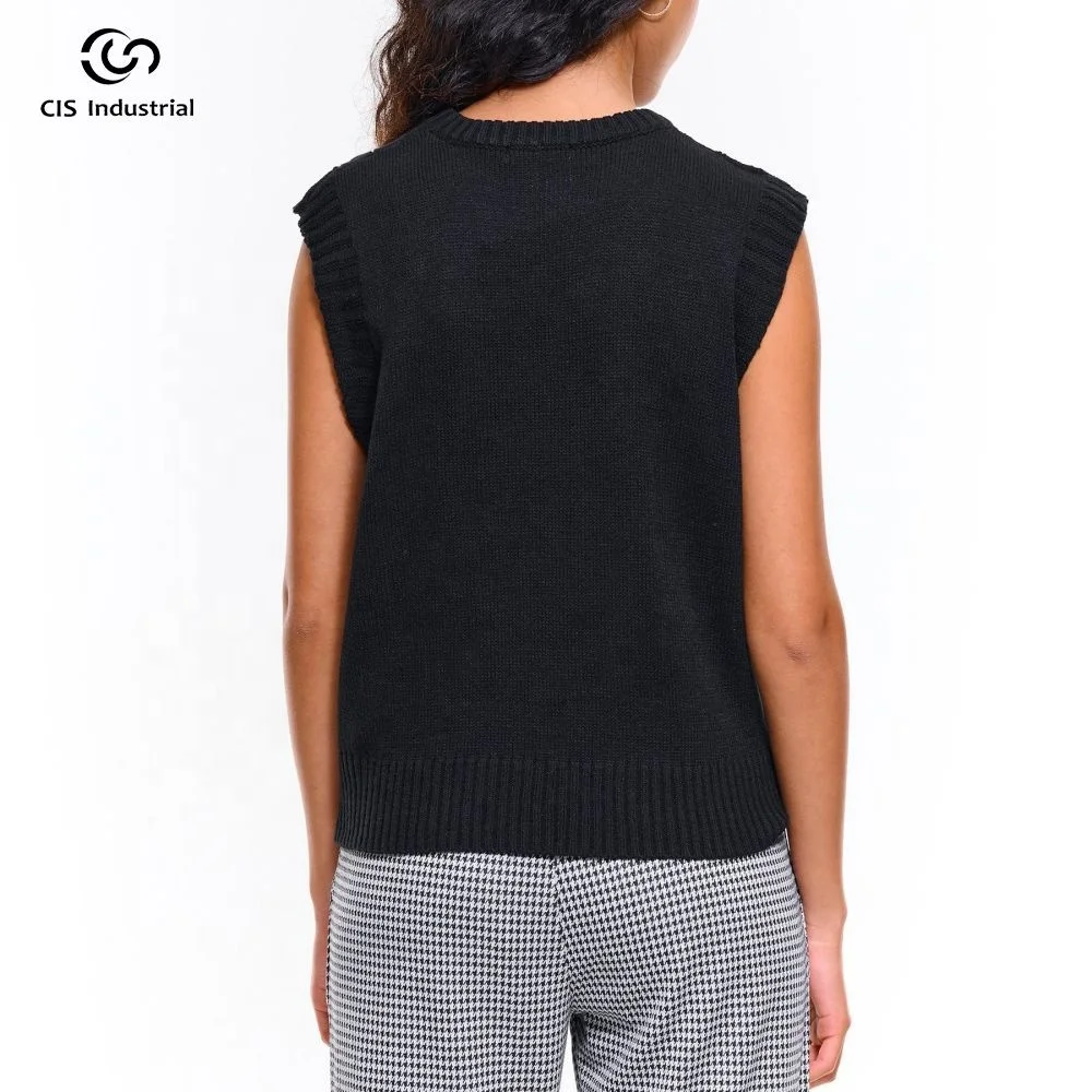Oem/Odm Custom O-neck Pullover Knit Vest Black Tank Top Women High Quality Cable Knit Sleeveless Sweater Vest For Women