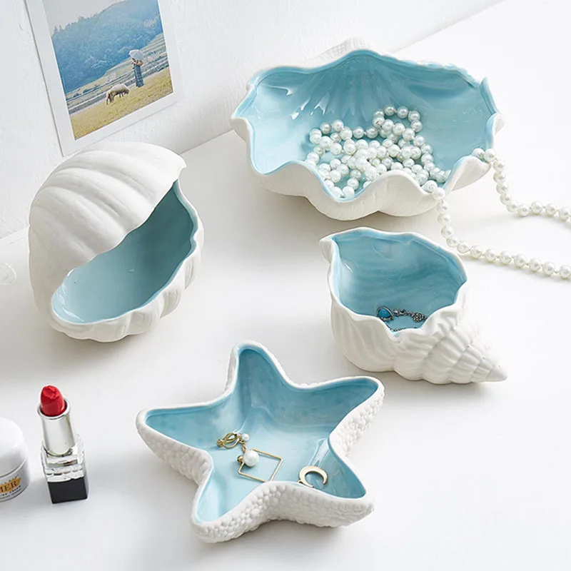Ceramic Blue Hand Ring Holder for Jewelry Trinket Dish, Starfish shaped Jewelry Plate Tray Home Party Decor