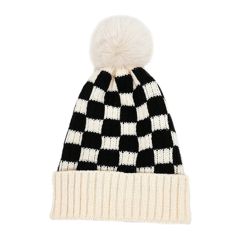 OEM wholesale autumn winter black white checked dome big head breathable warm windproof gorras beanie hat