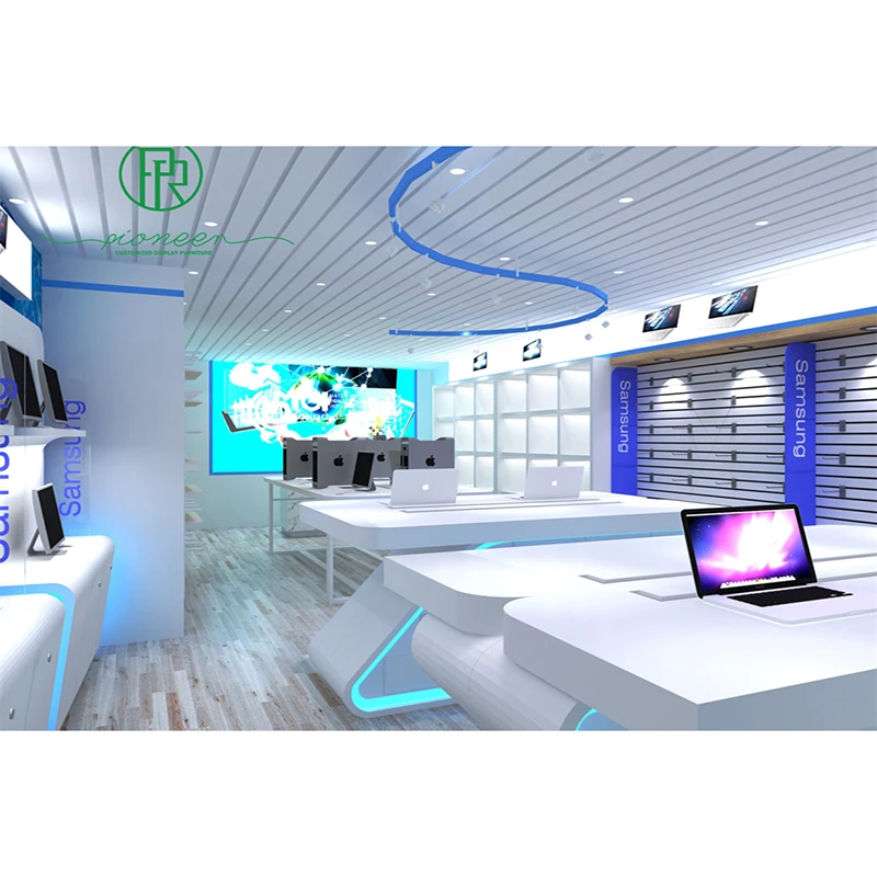 Pioneer Uniquely Shaped Laptop Computer Shop Tables Modern Computer Shop Interior Design