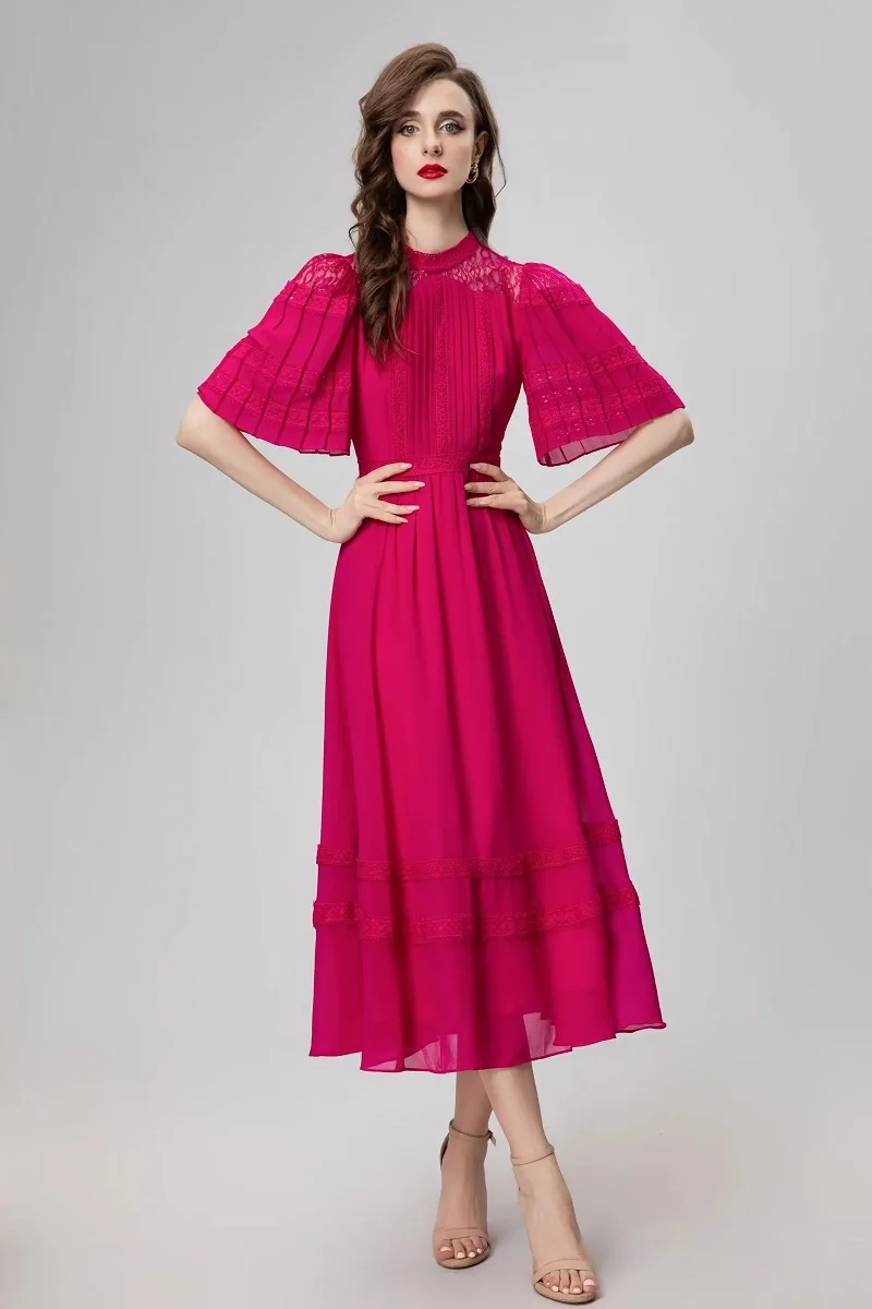 XXL Elegant Party Evening Dress 2024 Summer Style Luxury Ladies Sexy Lace Patchwork Short Sleeve Long Black Pink Maxi Dress Prom