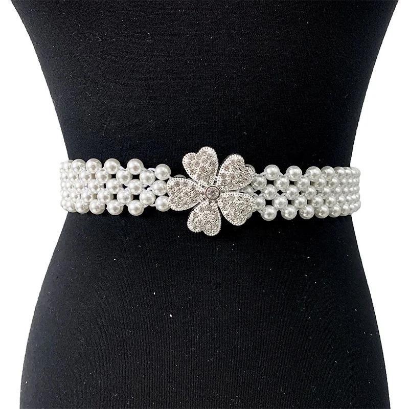 New Arrival Fashion Elastic  Flower Beaded Pearl Belts For Women Waist Chain Pearl Body Jewelry