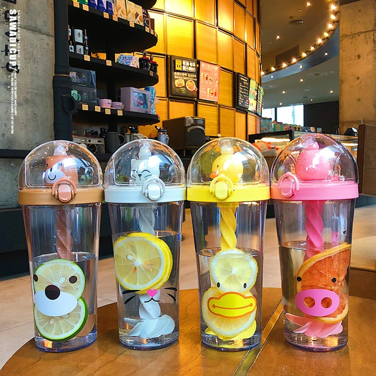 Water Bottles with Cute Animal Straw 14oz Kids Water Bottle Factory Direct Selling Unique Plastic PC Children Plastic Cups TOUR