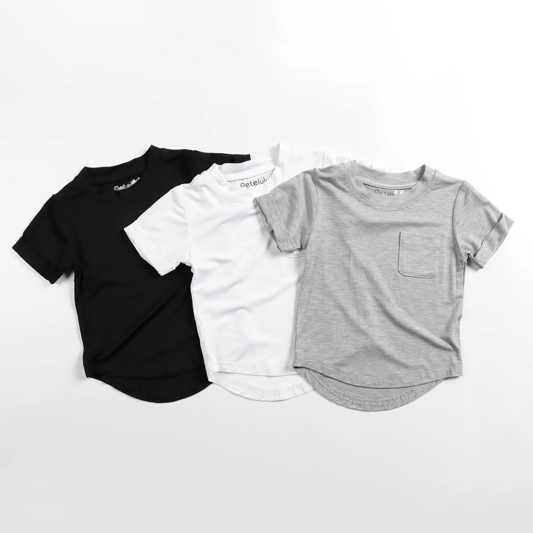 Custom Curved Hem Toddler Baby Boy Elastic Knit bamboo T-shirts With Pockets kids cropped top