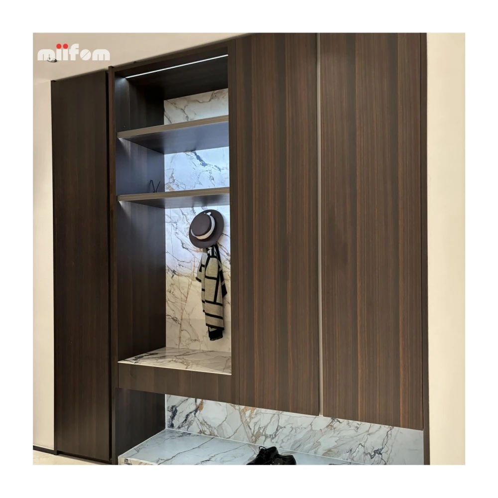 smoked oak hollow out design sense from floor to celling handles home shoes cabinet with open hanging clothes area